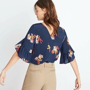 NEW MADEWELL Silk Ruffle Sleeve Top in Cactus Flower Deep Navy Size XS